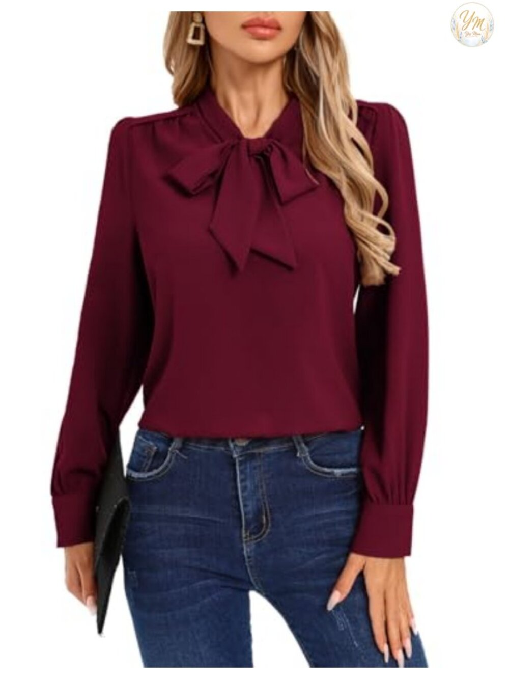 Women Long Sleeve Bow Tie Neck Business Casual Blouse Dressy Work Top